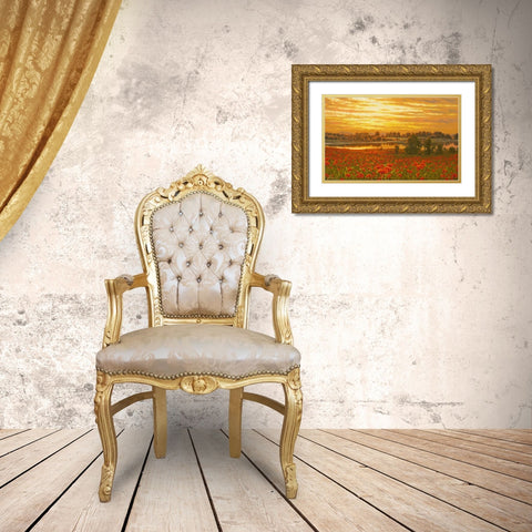 Red Poppy Field by the Sunset Gold Ornate Wood Framed Art Print with Double Matting by Adamov, Alexey