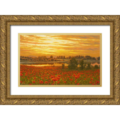 Red Poppy Field by the Sunset Gold Ornate Wood Framed Art Print with Double Matting by Adamov, Alexey