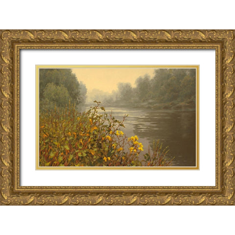 Yellow Flowers by the River Gold Ornate Wood Framed Art Print with Double Matting by Adamov, Alexey