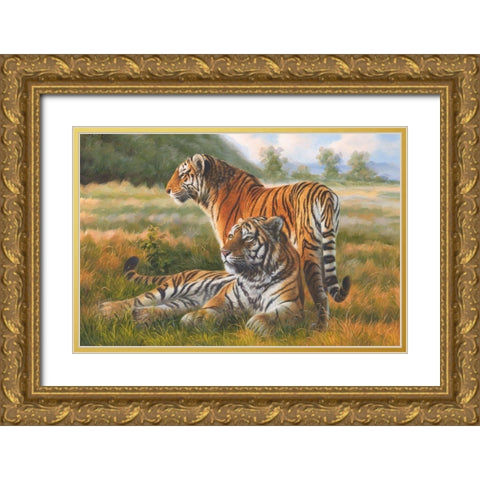 Two Tiger Gold Ornate Wood Framed Art Print with Double Matting by Roland, Henry