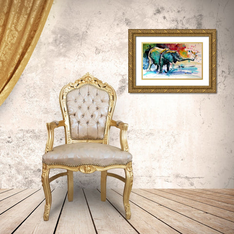 Elephant in Water Gold Ornate Wood Framed Art Print with Double Matting by Kovacs, Anna Brigite
