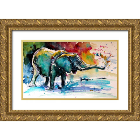 Elephant in Water Gold Ornate Wood Framed Art Print with Double Matting by Kovacs, Anna Brigite