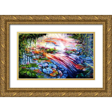 Watter Mirror with Watter Lillies Gold Ornate Wood Framed Art Print with Double Matting by Kovacs, Anna Brigite