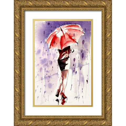 Pretty Girl with Red Umbrella Gold Ornate Wood Framed Art Print with Double Matting by Kovacs, Anna Brigite