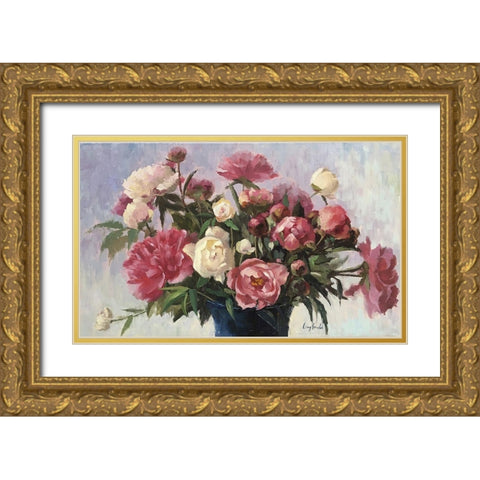 Pink and White Peonies in Basket Gold Ornate Wood Framed Art Print with Double Matting by Strube, Ling