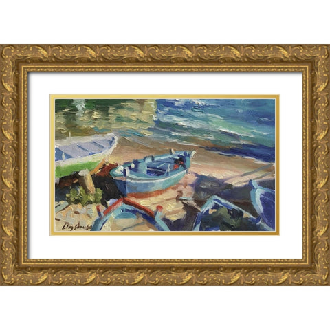 Blue Boat Gold Ornate Wood Framed Art Print with Double Matting by Strube, Ling