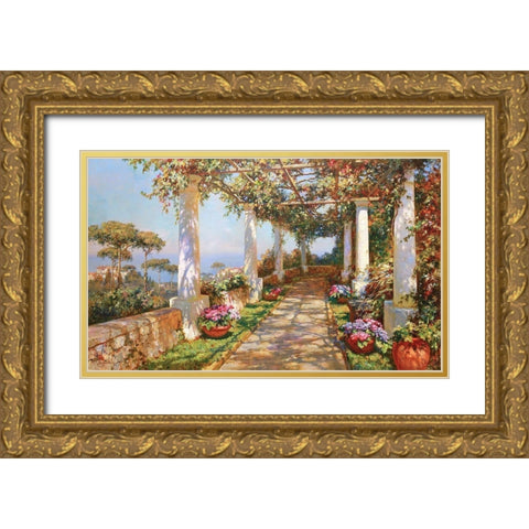 Terrace on Island Capri Gold Ornate Wood Framed Art Print with Double Matting by Obuchovsky, Yury