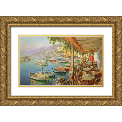 Cafe near Sea Gold Ornate Wood Framed Art Print with Double Matting by Obuchovsky, Yury