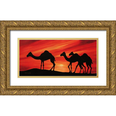 Walking Camels II Gold Ornate Wood Framed Art Print with Double Matting by Dahlke, Izabella