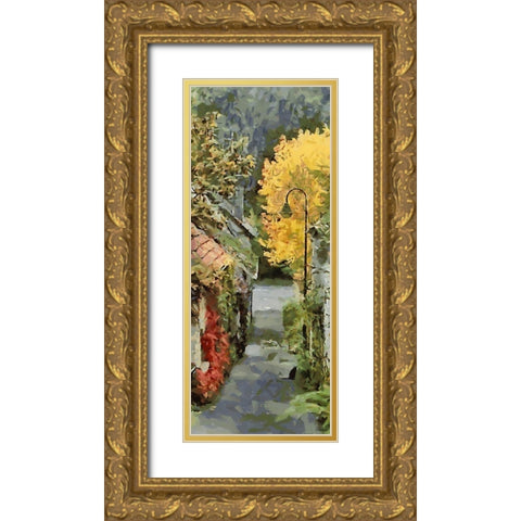 Village Street in Autumn Gold Ornate Wood Framed Art Print with Double Matting by Medeiros, Celito