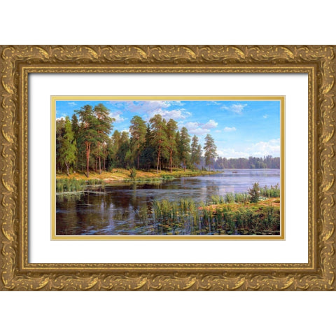 Forest lake Gold Ornate Wood Framed Art Print with Double Matting by Basov, Sergej