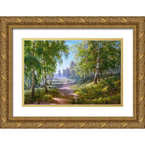 Birch forest Gold Ornate Wood Framed Art Print with Double Matting by Basov, Sergej