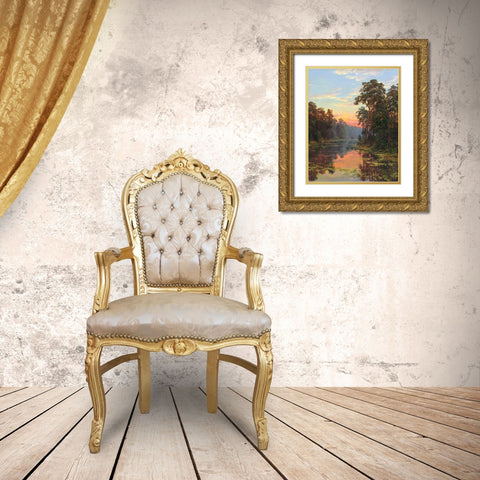 Evening at the lake Gold Ornate Wood Framed Art Print with Double Matting by Basov, Sergej