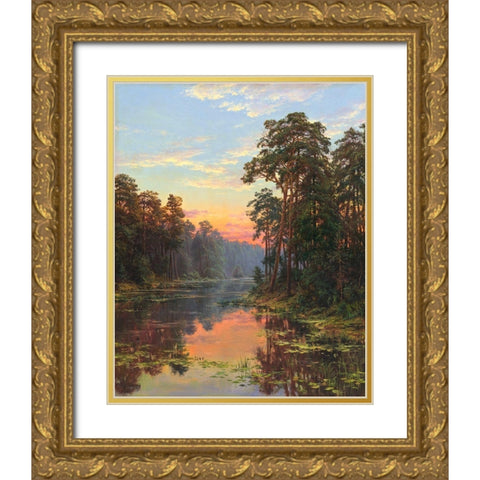 Evening at the lake Gold Ornate Wood Framed Art Print with Double Matting by Basov, Sergej