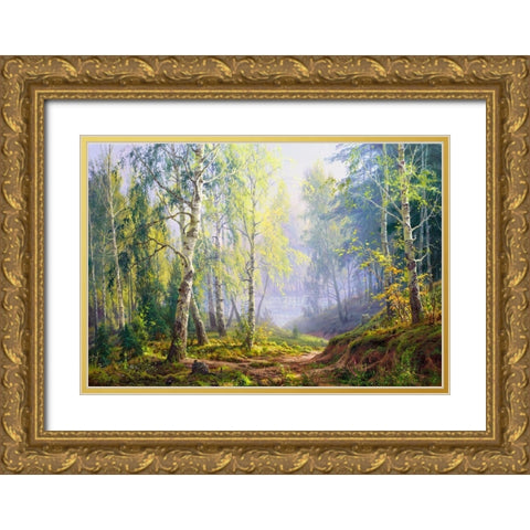 Morning at the birch forest Gold Ornate Wood Framed Art Print with Double Matting by Basov, Sergej