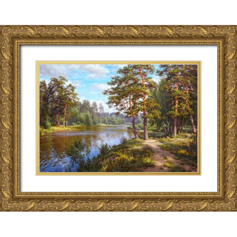 Lake at the forest Gold Ornate Wood Framed Art Print with Double Matting by Basov, Sergej