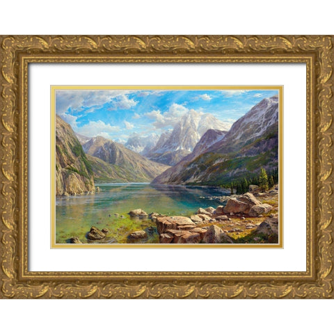 Mountain lake Gold Ornate Wood Framed Art Print with Double Matting by Basov, Sergej