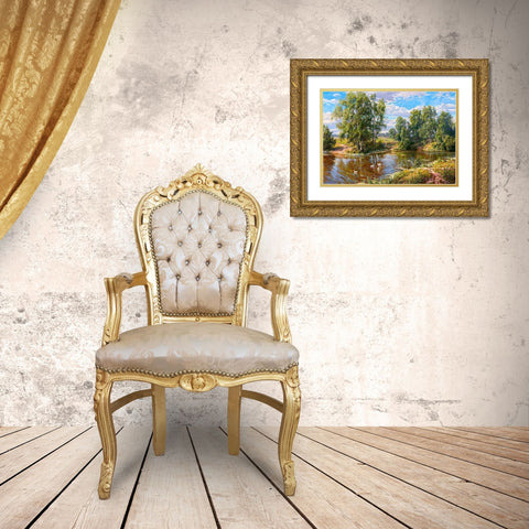Village pond Gold Ornate Wood Framed Art Print with Double Matting by Basov, Sergej