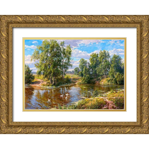 Village pond Gold Ornate Wood Framed Art Print with Double Matting by Basov, Sergej