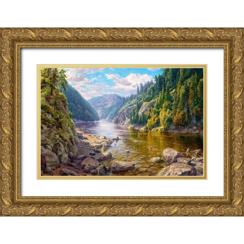 Mountain river Gold Ornate Wood Framed Art Print with Double Matting by Basov, Sergej