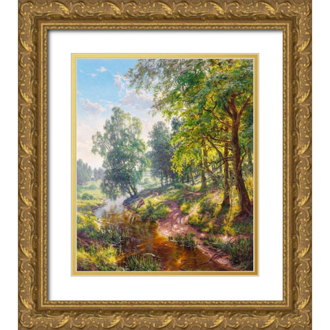 Landscape with a stream Gold Ornate Wood Framed Art Print with Double Matting by Basov, Sergej