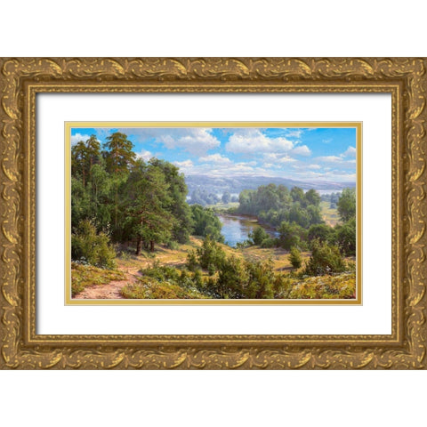 Landscape with river - 2  Gold Ornate Wood Framed Art Print with Double Matting by Basov, Sergej