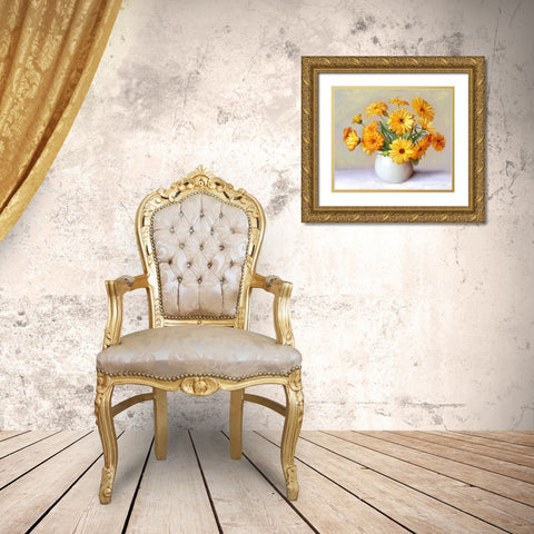 Calendula flowers Gold Ornate Wood Framed Art Print with Double Matting by Buzin, Igor