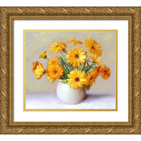 Calendula flowers Gold Ornate Wood Framed Art Print with Double Matting by Buzin, Igor