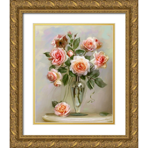 Roses on a marble table Gold Ornate Wood Framed Art Print with Double Matting by Buzin, Igor