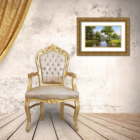 Landscape with ducks Gold Ornate Wood Framed Art Print with Double Matting by Babichev, Vyacheslav