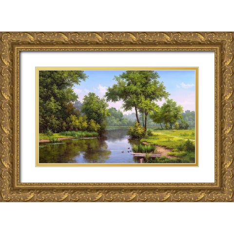 Landscape with ducks Gold Ornate Wood Framed Art Print with Double Matting by Babichev, Vyacheslav