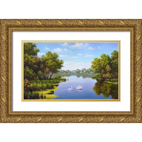 Landscape with swans Gold Ornate Wood Framed Art Print with Double Matting by Babichev, Vyacheslav