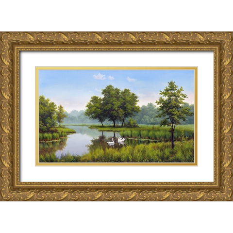 Two swans Gold Ornate Wood Framed Art Print with Double Matting by Babichev, Vyacheslav