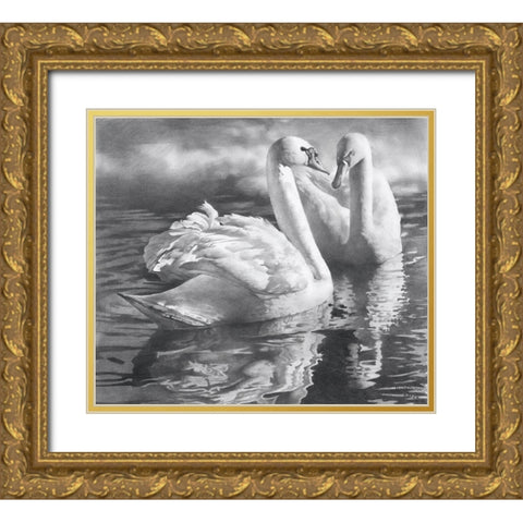 Two swans Gold Ornate Wood Framed Art Print with Double Matting by Chernov, Denis