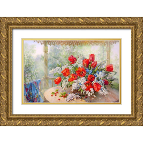 Tulips and bird-cherry Gold Ornate Wood Framed Art Print with Double Matting by Dandorf, Olga