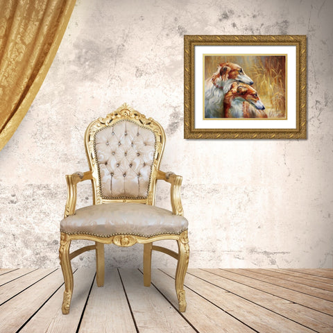 Russian greyhounds on the hunt Gold Ornate Wood Framed Art Print with Double Matting by Ekimov, Vladimir