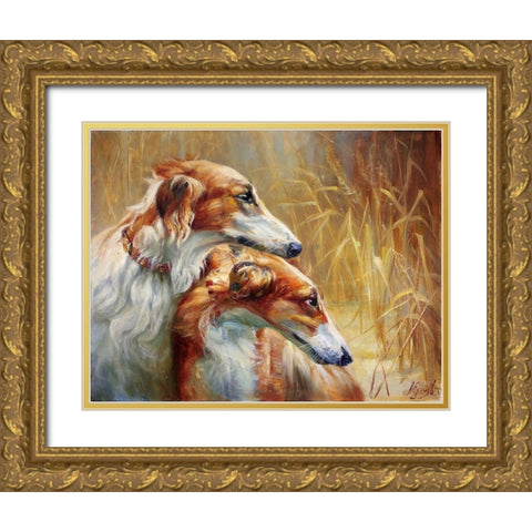 Russian greyhounds on the hunt Gold Ornate Wood Framed Art Print with Double Matting by Ekimov, Vladimir