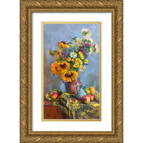 Sunflowers on a blue background Gold Ornate Wood Framed Art Print with Double Matting by Goryacheva, Svetlana