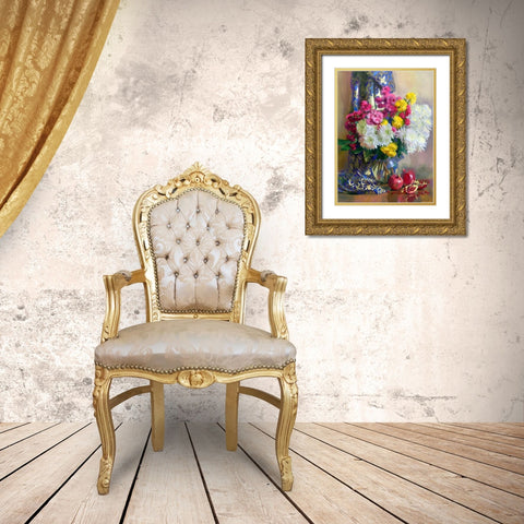Chrysanthemums and pomegranates Gold Ornate Wood Framed Art Print with Double Matting by Goryacheva, Svetlana