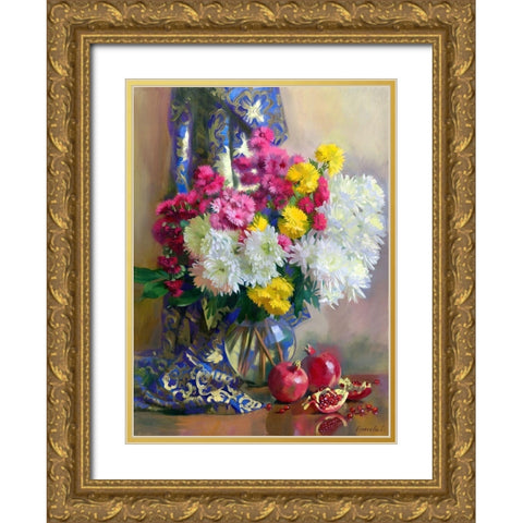 Chrysanthemums and pomegranates Gold Ornate Wood Framed Art Print with Double Matting by Goryacheva, Svetlana