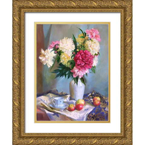 Peonies and apples Gold Ornate Wood Framed Art Print with Double Matting by Goryacheva, Svetlana