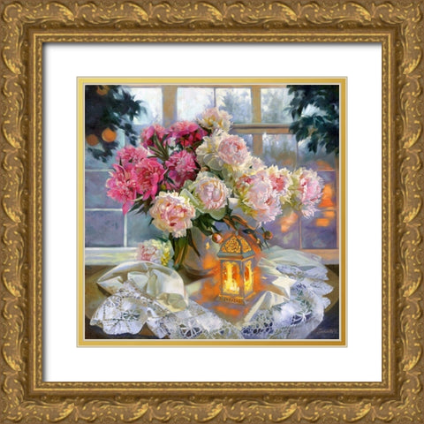 Peonies and lantern Gold Ornate Wood Framed Art Print with Double Matting by Goryacheva, Svetlana