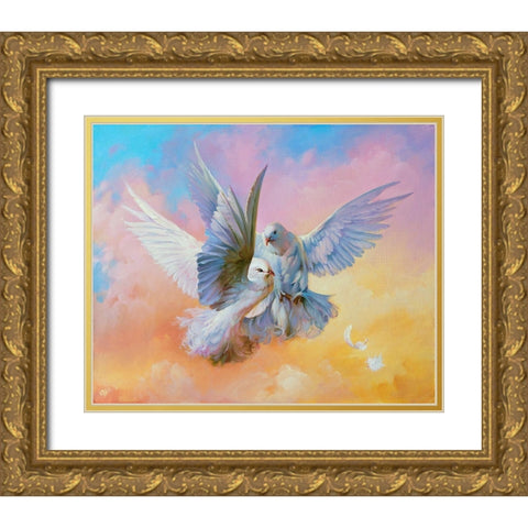 Doves Gold Ornate Wood Framed Art Print with Double Matting by Romanov, Roman