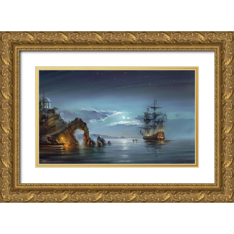 Moonlight night Gold Ornate Wood Framed Art Print with Double Matting by Romanov, Roman