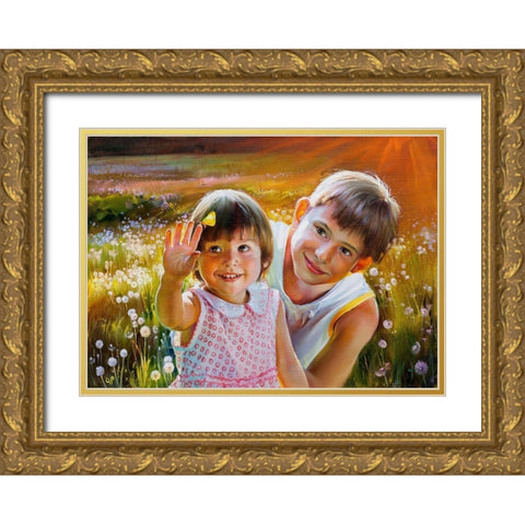 Children Gold Ornate Wood Framed Art Print with Double Matting by Romanov, Roman