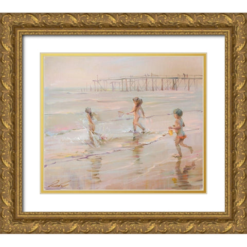 Children and the ocean Gold Ornate Wood Framed Art Print with Double Matting by Romanov, Roman