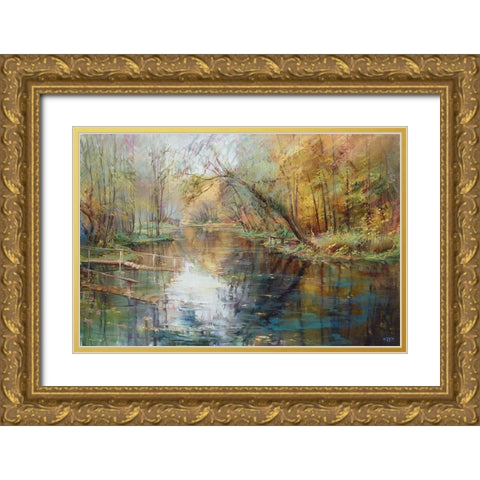 Lake Blue Gold Ornate Wood Framed Art Print with Double Matting by Romanov, Roman