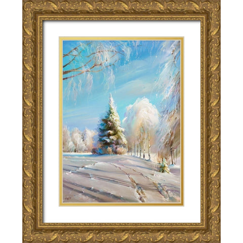 Winter day Gold Ornate Wood Framed Art Print with Double Matting by Romanov, Roman