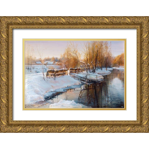 Winter lake Gold Ornate Wood Framed Art Print with Double Matting by Romanov, Roman