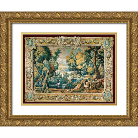 Tapestry landscape Gold Ornate Wood Framed Art Print with Double Matting by Anonymous 17Th C.